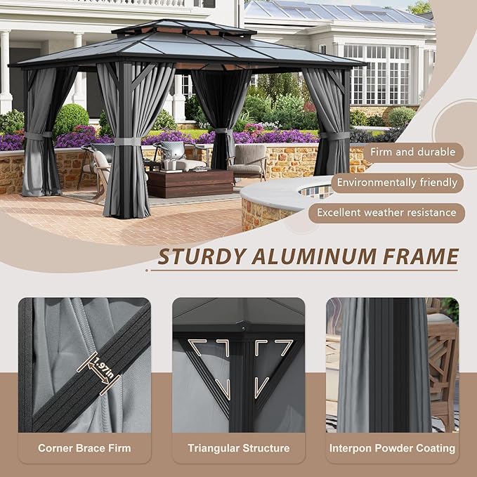 12’x14’ Hardtop Gazebo with Double Polycarbonate Roof Outdoor Metal Gazebo Sturdy Aluminum Frame & Removable Curtains, Netting Permanent Pavilion Pergola for Garden,Patio,Lawn (Gray)