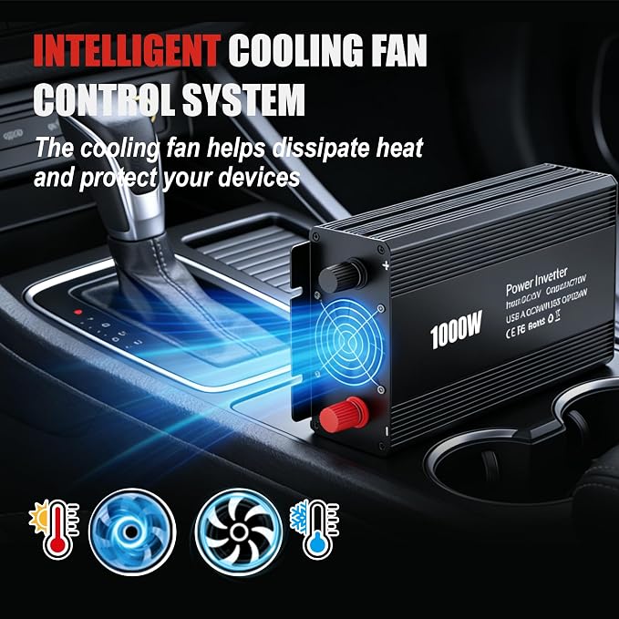 1000W Power Inverter for Vehicles,DC 12V to AC 110V Charger with USB-A Fast 24W&Type-C PD24W and Battery Inverters Cables,Converters for Home,Camping