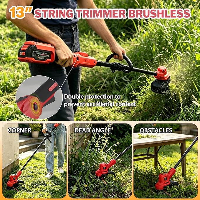 Weed Wacker, 21V Brushless Cordless String Trimmer, 2-in-1 Weed Eater & Lawn Edger, 8500RPM, 13" Cutting Width, Auto Feed Line, Batteries & Charger Included