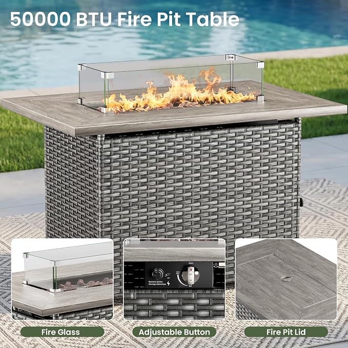 Luxury Patio Furniture Set with 6-inch Thick Cushion, Outdoor Furniture with Fire Pit Table, Swivel Chairs, Sofa, Side Table, Ottomans, 7pcs Wicker Conversation Set (Grey Wicker/Grey Cushion)