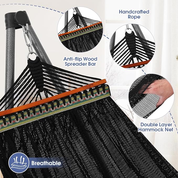Goutime Collapsible Hammock Stand with Carry Bag, 550lbs, Portable,Black | 3 level adjustable up to 10ft, double layer hammock net, fits indoor, yard, camping, and outdoor use