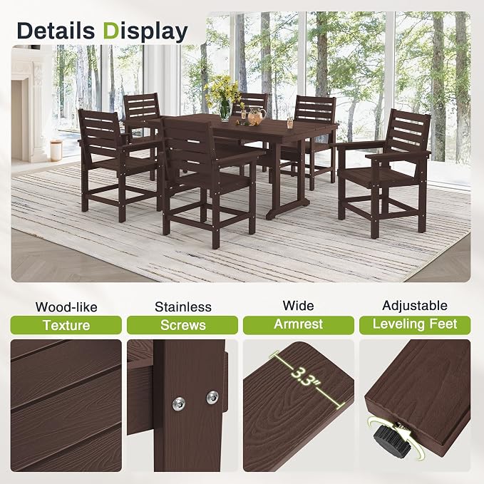 Outdoor Dining Chairs Set of 2, All Weather HDPS Patio Dining Chairs, Heavy Duty Outdoor Chair with Armrest for Backyard Deck Porch, Coffee Brown