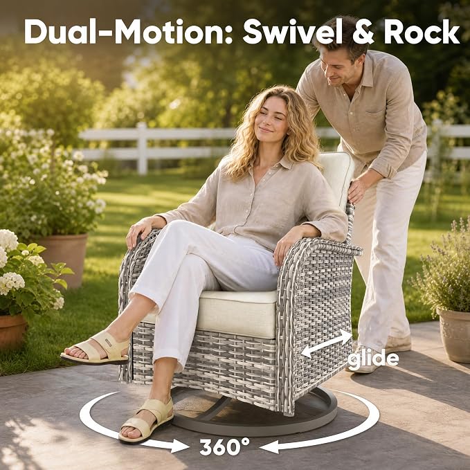 8-Piece Small Patio Furniture Set, Outdoor Swivel Rocking Chairs Set with Ottomans, Patio Bistro Set for Balcony, Deck, Porch,Ivory