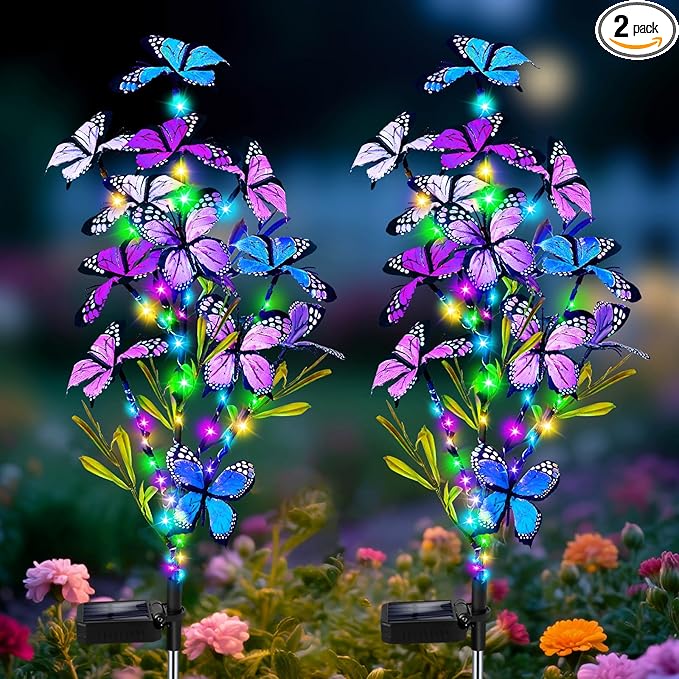MRHEPHAESTUS Solar Garden Lights Outdoor, Waterproof 2 Pack Solar Butterfly Lights with 60 LED 12 Butterfly Colorful Lighting for Garden Yard Lawn Outdoor Decor, Gift for Mom Women Mother's Day