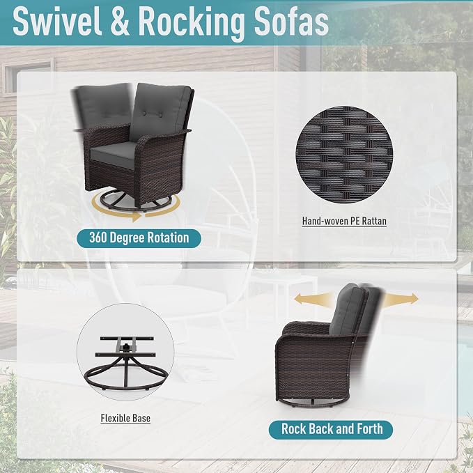 ALAULM 8 Pieces Patio Furniture Set with 2 Swivel Chairs Wicker Patio Conversation Set, Outdoor Sectional Furniture w/Coffee Table & Washable Seat Cushions-Grey