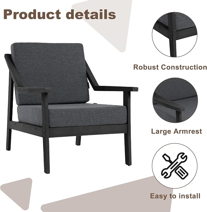 Outdoor Patio Furniture Set, 3 Piece Patio Conversation Sets with Washable Thick Cushions, All-Weather Solid Wood Patio Bistro Set for Porch, Balcony, Black Frame & Dark Gray Cushion