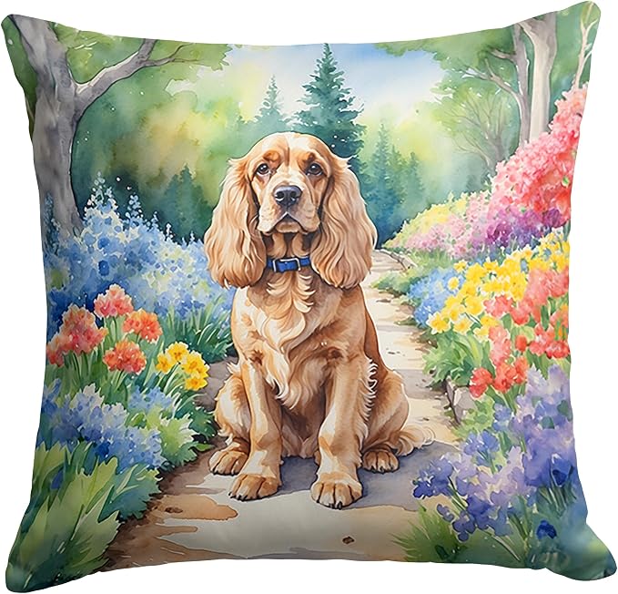 Caroline's Treasures Cocker Spaniel Spring Path Throw Pillow Machine Washable, Indoor Outdoor Decorative Pillow for Couch, Bed or Patio, 14Hx14W