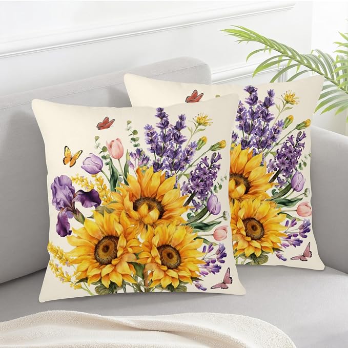 Sunflower Pillow Covers Spring Summer Throw Pillow Covers 18x18 Set of 2 Rustic Tulip Purple Lavender Flower Pillow Cases Butterfly Floral Cushion Case for Home Farmhouse