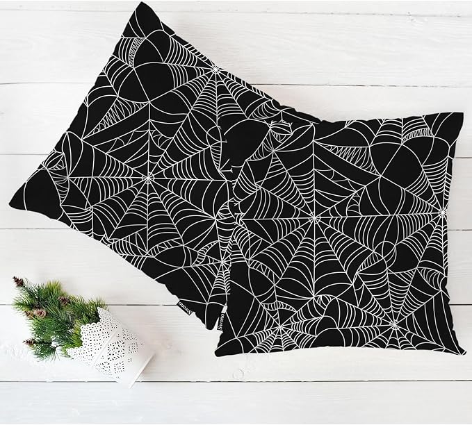 Swono Couch Pillow Cover Set of 2 Spider Web, Horror Halloween Spiderweb Decorative Throw Pillowcase Cushion Cover 18 X 18 Inch Throw Pillows Covers for Sofa Bedroom Car Living Room, Black White