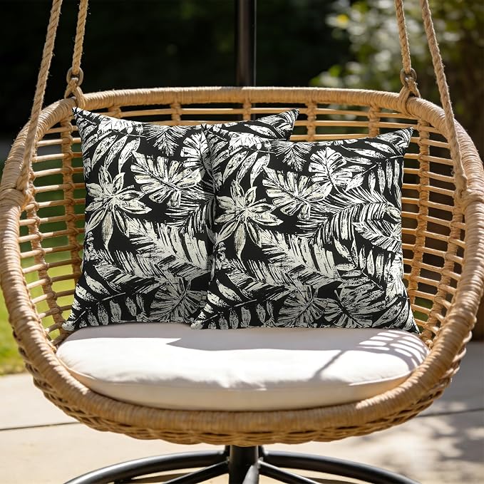 Outdoor Pillows with Insert 20x20 Inch, Waterproof Throw Pillow for Patio Furniture, Decorative Back Cushion for Garden Home Sofa Office Chair, Set of 2, Tropical Leaf Black