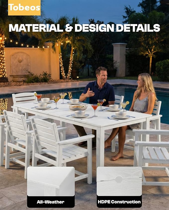 5-Piece Outdoor Dining Set with Aluminum Frame for 4,White | HDPE material, 2" umbrella hole, patio table and chairs, ideal for yard, lawn, garden, balcony, deck, poolside