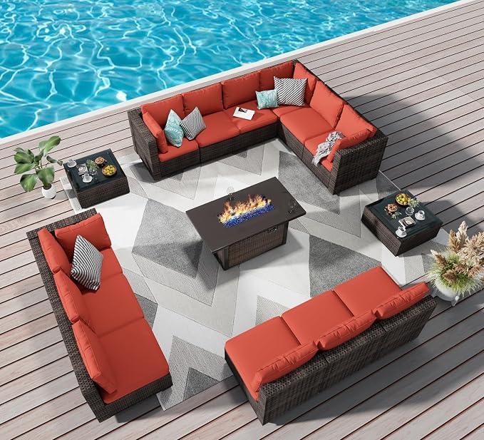 Grezone 15 Piece Patio Furniture Set with 44" Fire Pit Table, Outdoor Sectional Couch, PE Rattan Patio Conversation Sets with 4inch Cushions for Backyard Red