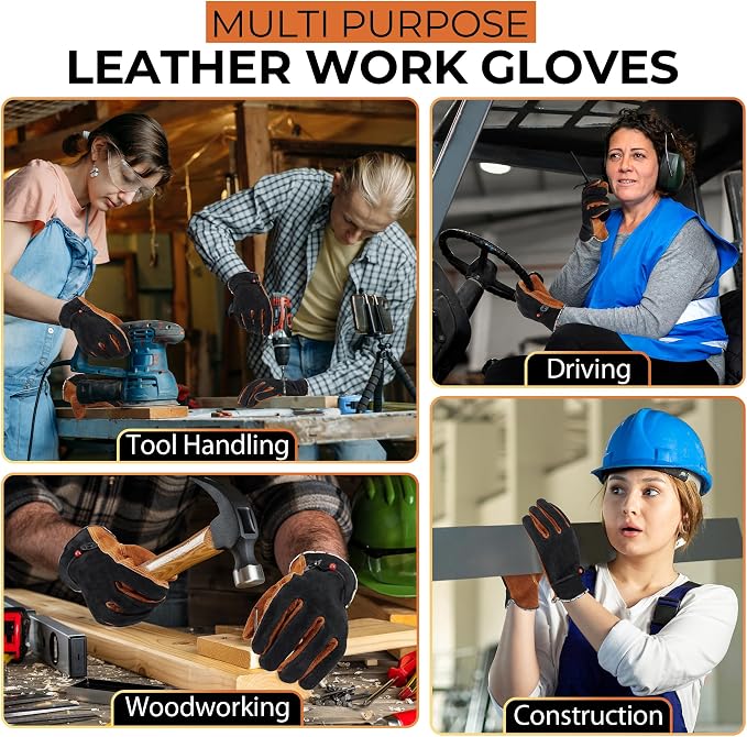 HANDLANDY Leather Gardening Gloves, Leather Work Gloves for Men Women | Durable Utility Men Women Garden Yard Working Glove, for Landscaping, Mechanic, Construction, Driving, Farming, Ranching