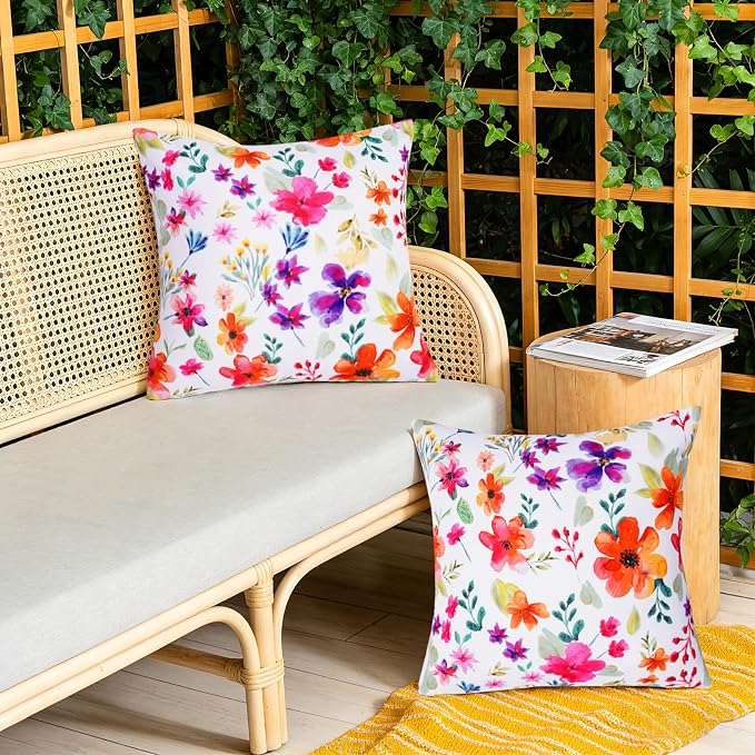 SquarePie Outdoor Pillow Covers 18x18 Inch Set of 2 - Waterproof Colorful Flowers Cushion Covers for Patio Garden Furniture, Watercolor Bloom Floral Decorative Throw Pillow Cases for Couch Sofa Bench