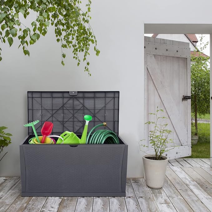 VINGLI Upgraded 120 Gallon Outdoor Storage Box, Lockable Plastic Storage Containers with Lid, Rattan Grain Surface Deck Box Patio Furniture for Garden, Pool, Balcony, Yard (Grey)