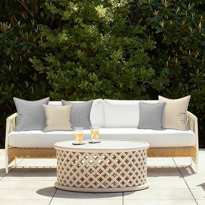 LVTXIII Outdoor/Indoor Pillow Covers, Patio Fade Resistant Throw Pillow Covers ONLY, Waterproof Farmhouse Accent Cushion Cases for Sofa Patio Couch Decoration 18"x18" Set of 2, Strip Beige