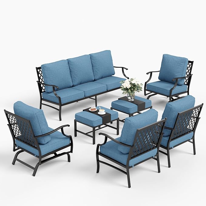 SUNSHINE VALLEY 7 Piece Metal Outdoor Patio Furniture Sets, Patio Conversation Sets 1 3-seater Sofa, 2 Fixed Chair, 2 Rocking Chair, 2 Ottomans with 5.75" Thick Cushion, Black Backyard Furniture, Navy