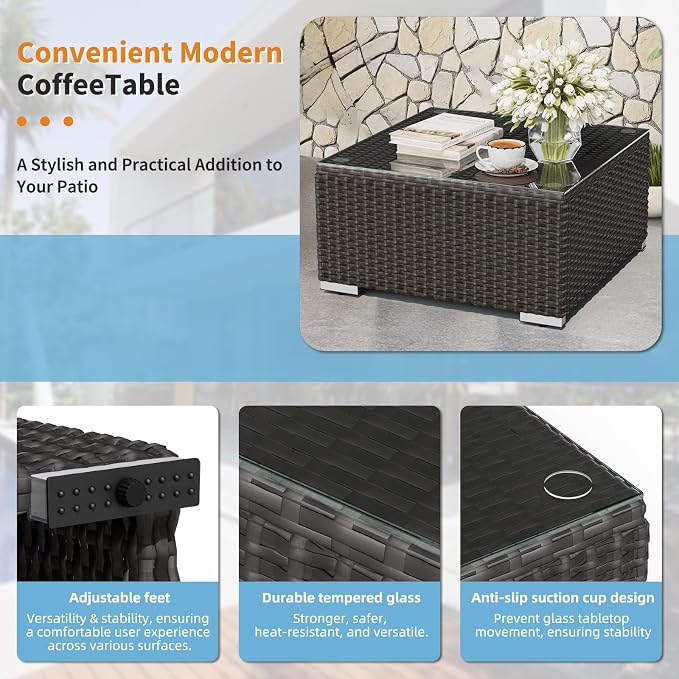 Oakcloud 7-Piece Outdoor Patio Furniture Black Rattan Wicker Sectional Sofa Conversation Set with Glass Top Table and Cushions (Haze Blue)