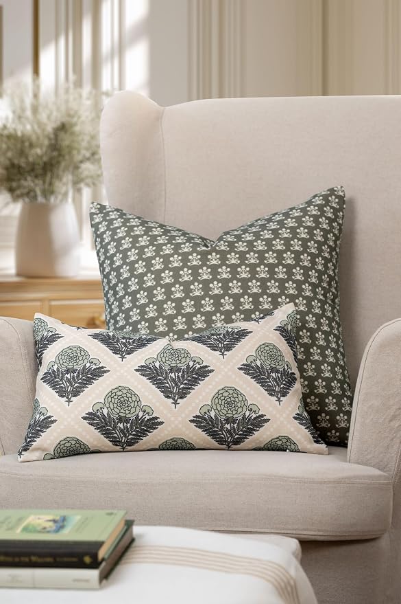 Crumbs Home Modern Farmhouse California Casual Indoor Outdoor Throw Pillow Cover, 22"x22" Water Repellent for Patio, Backyard, Couch, Poolside, Olive Green Block Print Floral