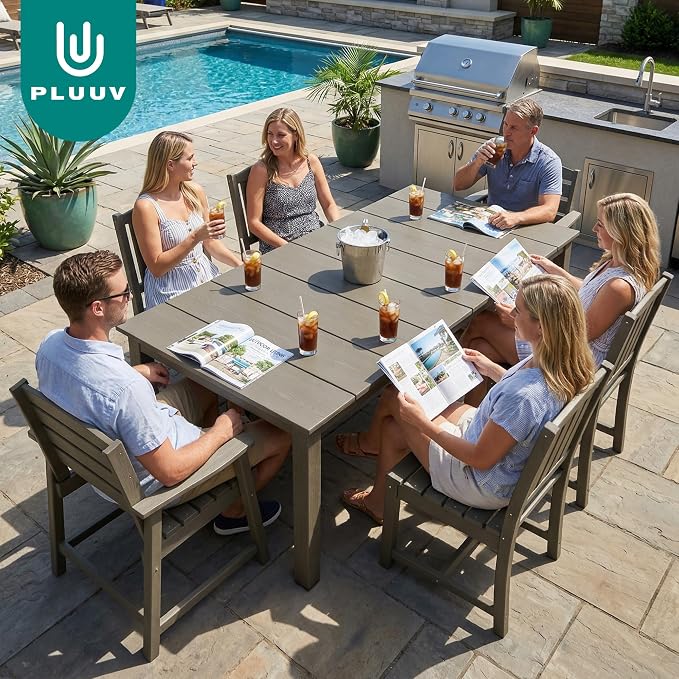PLUUV 7-Piece Outdoor Patio Dining Set, All-Weather HDPE Dining Furniture Set with Umbrella Hole Cut-Out Table, Aluminum Table Legs, and 6 Chairs, Waterproof & Easy Clean for Backyard, Garden, Grey