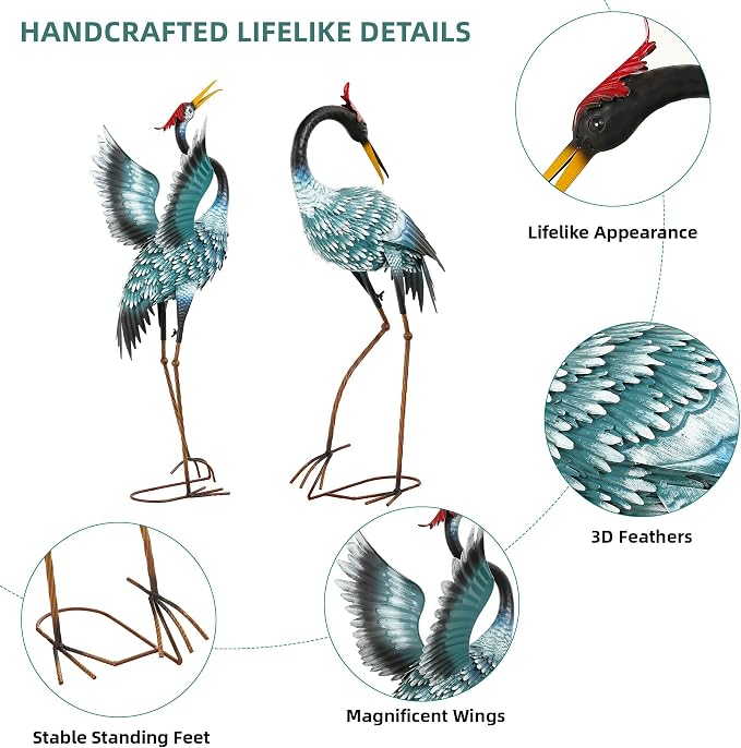 36.8" Metal Crane Statue, Blue Heron Decor Handcrafted | Garden Bird Animal Yard Art with Stable U-Ground Stakes, Lawn Ornament Decor