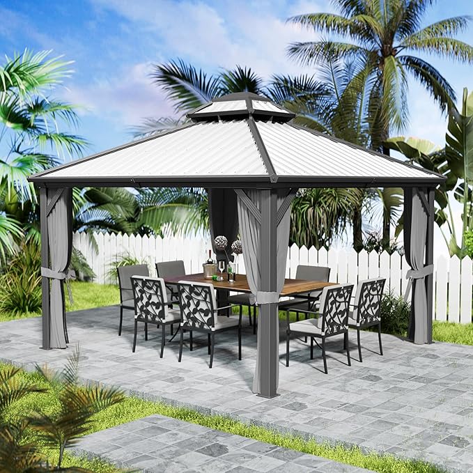 Kozyard Caesar 12'x12' Hardtop Gazebo - Permanent Metal Pavilion with Netting and Shaded Curtains for Patio, Backyard, and Deck - Galvanized Steel Outdoor Aluminum Canopy, Double Roof Gazebo (Grey)