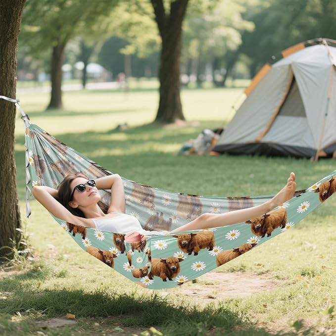 Camping Hammock Outdoor Hammocks for Outside Cow Bison Daisy Flowers Beach Trees Portable Lightweight with Pockets Tree Straps Indoor