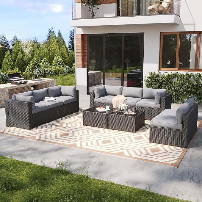 LazySunsets 10 Piece Outdoor Patio Furniture Set with Coffee Table, Outdoor Patio Furniture Sets with 4'' Thicken Cushion, Wicker Rattan Outdoor Conversation Set for Backyard & Garden, Light Grey