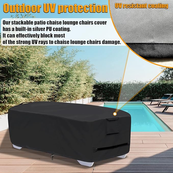 Outdoor Lounge Chair Covers for 4-6 Stackable Patio Chaise Lounge Chairs, Waterproof, Durable Polyester Fabric 80 x 32 x 40 Inch Pool lounge chair covers for Winter Storage (Black)