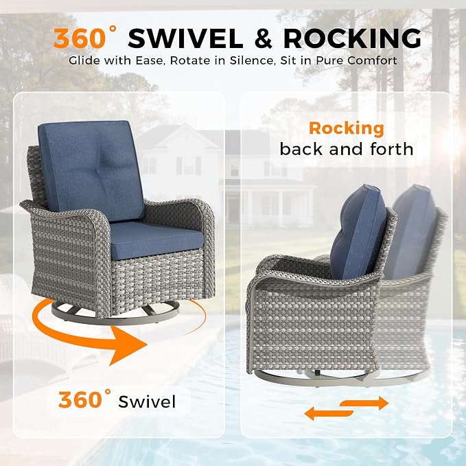14-Seat Modern Patio Furniture Set with Swivel Rocking Chairs, Thick 4″ Cushions, Dual-Strand Wicker Rattan, Rust-Resistant Steel Frame – Outdoor Conversation & Modular Sectional,Navy