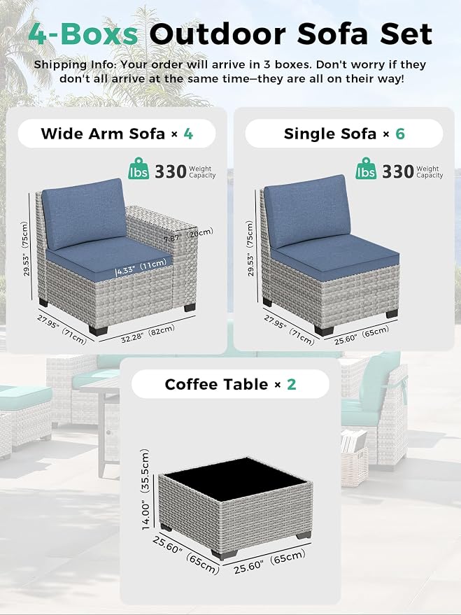 12 Piece Outdoor Wicker Sectional Sofa Set, 10-Seats Patio Furniture Conversation Set with 4" Thickened Cushions & Coffee Table, All-Weather PE Rattan for Garden, Backyard, Porch, Blue