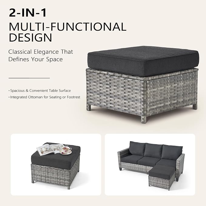 CAODOC 7-Piece Outdoor Wicker Patio Set with 7 Seats, Including 43" Fire Pit - Swivel Rocker Chairs and Conversation Set for Backyard or Lawn, Gray Rattan with Waterproof Black Cushions