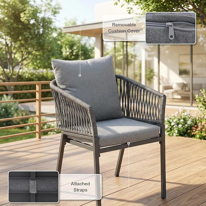 SUNSITT 9 Piece Outdoor Patio Dining Set, Patio Dining Furniture Set with 87” Aluminum Dining Table w/X Base Legs and 8 Woven Rope Outdoor Patio Chairs w/Curved Armrest for Garden, Dark Grey