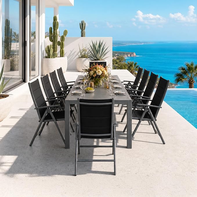 PURPLE LEAF Outdoor Dining Set for 11 Folding Patio Dining Set with Aluminum Rectangular Table and Padded Chairs All Weather Dining Table Sets for Garden Backyard Poolside, Black
