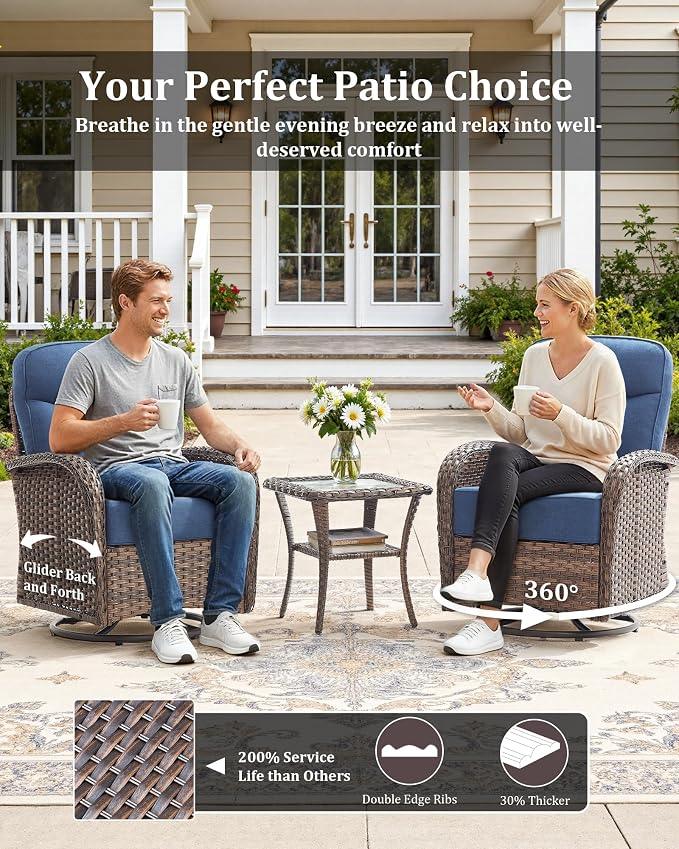 10-Piece Luxury Patio Furniture Set with 6-Inch Thick Cushions, High-Back Outdoor 4 Swivel Rocking Chairs with Wicker Coffee Table, All-Weather Conversation Set for Porch, Deck, Yard or Poolside Blue
