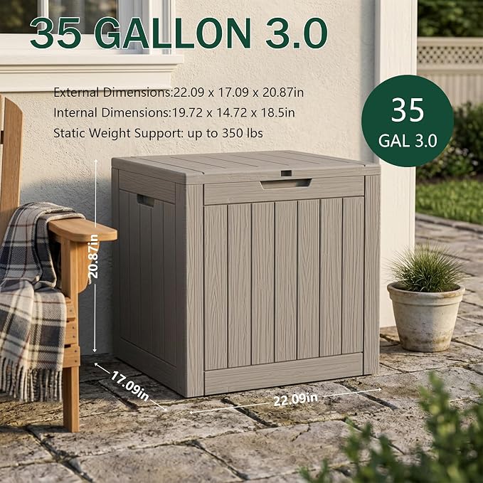 Outdoor Storage Box, 35 Gallon Waterproof Deck Box [Upgraded 3.0], Quick Snap-Lock Resin Cabinet for Seat Pillows, Patio Blankets, Lockable End Table Beverage Stand, Apartment Deck, Grey