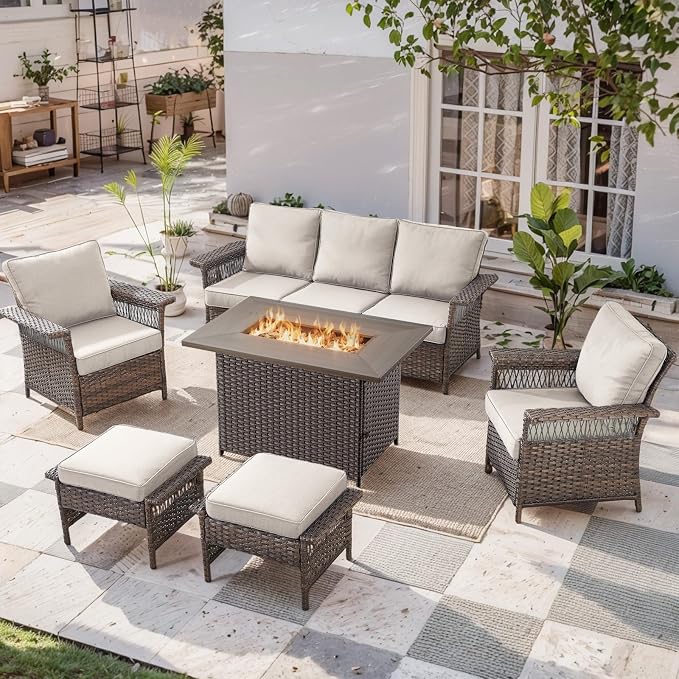 Patio Furniture Set with Fire Pit Table, 6PCS Patio Conversation Set Brown Resin Wicker Patio Chair Sofa Ottoman with 41in Rectangular Outdoor Fire Table PE Rattan Furniture Set