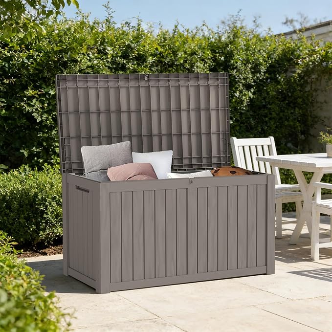 150 Gallon Waterproof Resin Outdoor Storage Box, Lockable & UV Resistant | Patio Deck Boxes, Outside Storage for Patio Cushions, Pool Toys, Garden Tools & Package Delivery, Brown