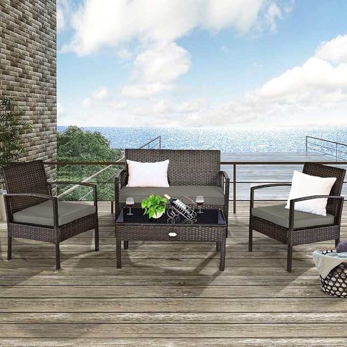 Tangkula 8-PCS Wicker Patio Conversation Furniture Set, Outdoor Rattan Chair and Table Set, Patio Furniture Sets with Coffee Table & Washable Cushions for Courtyard Balcony Garden (2, Brown)