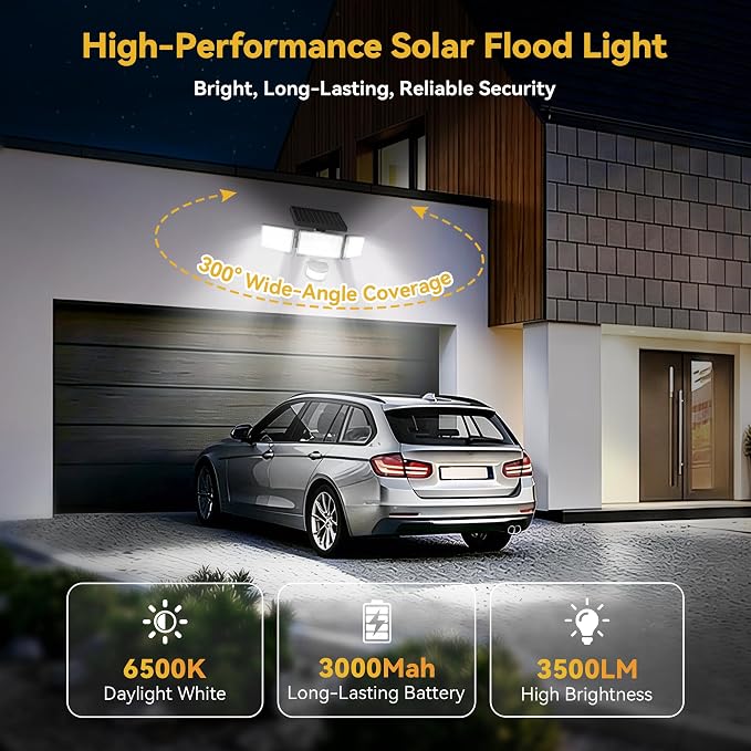 Solar Lights Outdoor, 3500LM 168 LED Motion Sensor Solar Flood Lights, 3 Heads 300° Wide Angle, 3 Modes IP65 Waterproof Solar Security Lights for Yard Garden Patio, 6 Pack (Black)