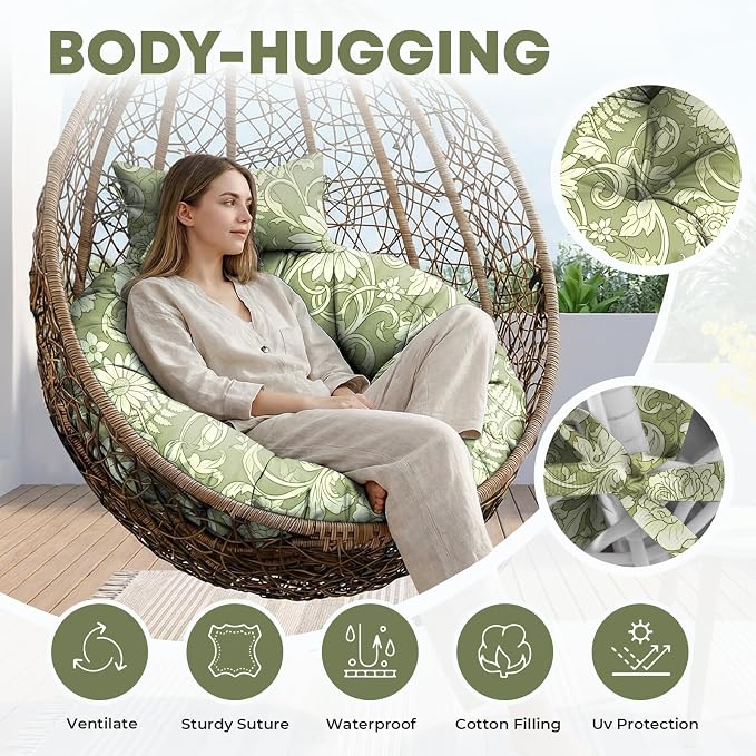 Outdoor Round Egg Chair Cushion Replacement, Waterproof 45" L x 45" W Thicken Hanging Swing Egg Chair Cushions with Headrest Pillow, Soft Wicker Basket Eggs Chairs Pad for Garden (Green Rose)