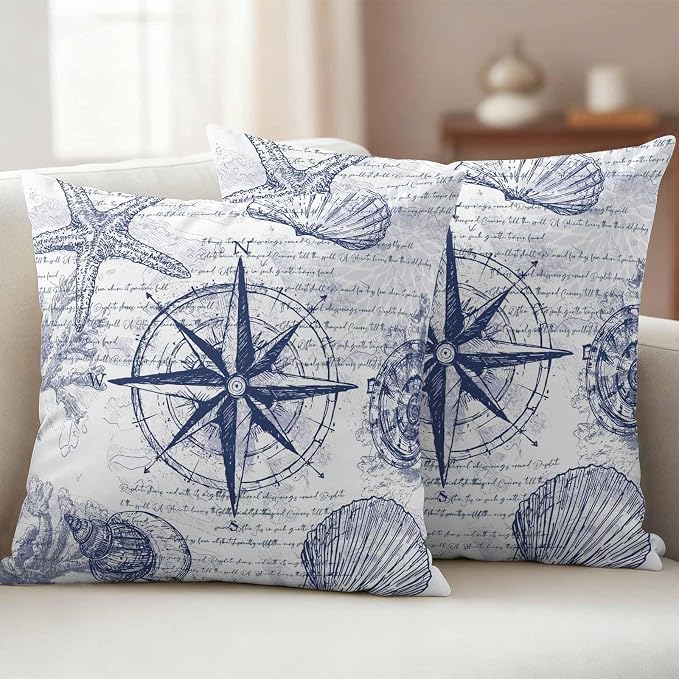 Vintage Nautical Outdoor Waterproof Throw Pillow Covers Set of 2, 16"x16", Summer Navy Blue Compass Shell Starfish Map Decorative Pillow Covers Outside Cushion Case for Patio Porch Garden
