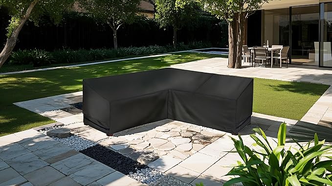 NettyPro Outdoor Sectional Sofa Cover 100 Inch, 600D Heavy Duty Waterproof Patio Lawn Furniture V-Shaped Lounge Set Couch Cover, Black