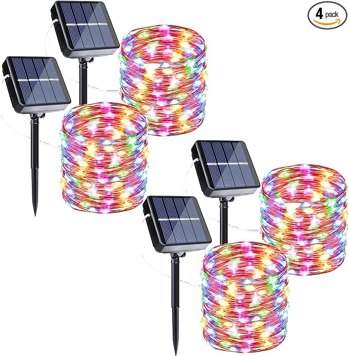 Joomer Solar Fairy Lights, 4Pack Total 104FT 320LED Lights, Multicolor | Silver Wire, Solar String Light Waterproof 8 Lighting Modes for Patio Fence Party Garden Yard Home Outdoor Decoration