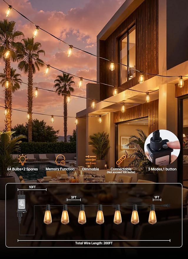 Minetom 200FT Outdoor String Lights with Remote, ST38 Patio Lights Dimmable | Waterproof LED Christmas Lights with 3 Modes, Shatterproof Connectable Outside Lights for Backyard Porch Deck Garden Decor