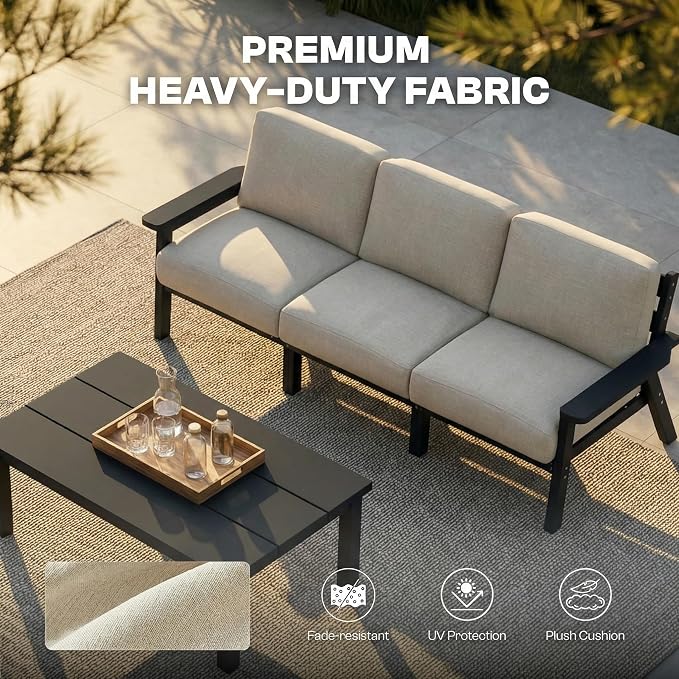 8 Piece Patio Furniture Set, HDPE Sectional Sofa Seating for 7, Includes 3-Seat Sofa, Loveseat, 2 Armchairs, Coffee Table, All-Weather Outdoor Conversation Set with Olefin Fabric, Black/Khaki