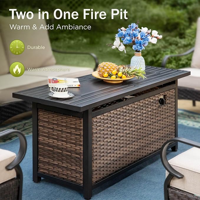 PHI VILLA Patio Furniture Set with 56" Fire Pit Table, Premium Outdoor Wicker Metal Frame Furniture with Upgraded Waterproof Thick Cushions for Porch, Poolside, Deck, and Yard （5 Pieces, Grey