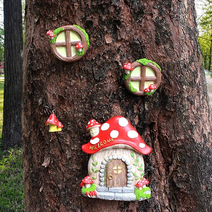 Fairy Door and Windows Garden Kit Accessories Outdoor, Glow in Dark Gnome House for Tree, Lawn Yard Art Sculpture, Miniature Garden Decor (Mushroom)