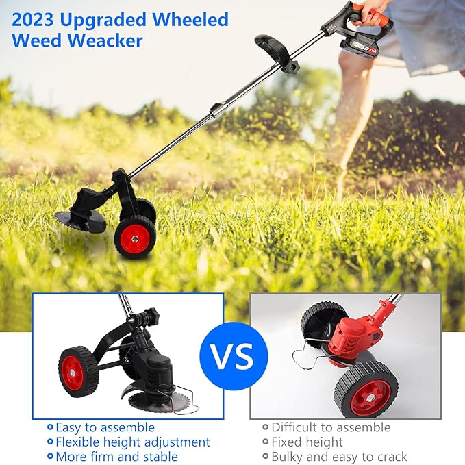Electric Weed Wacker Cordless, Weed Eater Battery Powered with 2*2000mAh Battery,Wheels, Lightweight Grass Trimmer Cordless with 3 Types Blade,Foldable Lawn Edger/Brush Cutter for Yard Garden