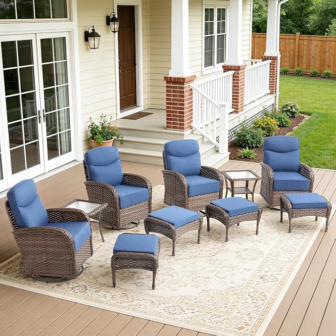 10-Piece Luxury Patio Furniture Set with 6-Inch Thick Cushions, High-Back Outdoor 4 Swivel Rocking Chairs with Wicker Side Table, All-Weather Conversation Set for Porch, Deck, Yard or Poolside – Blue
